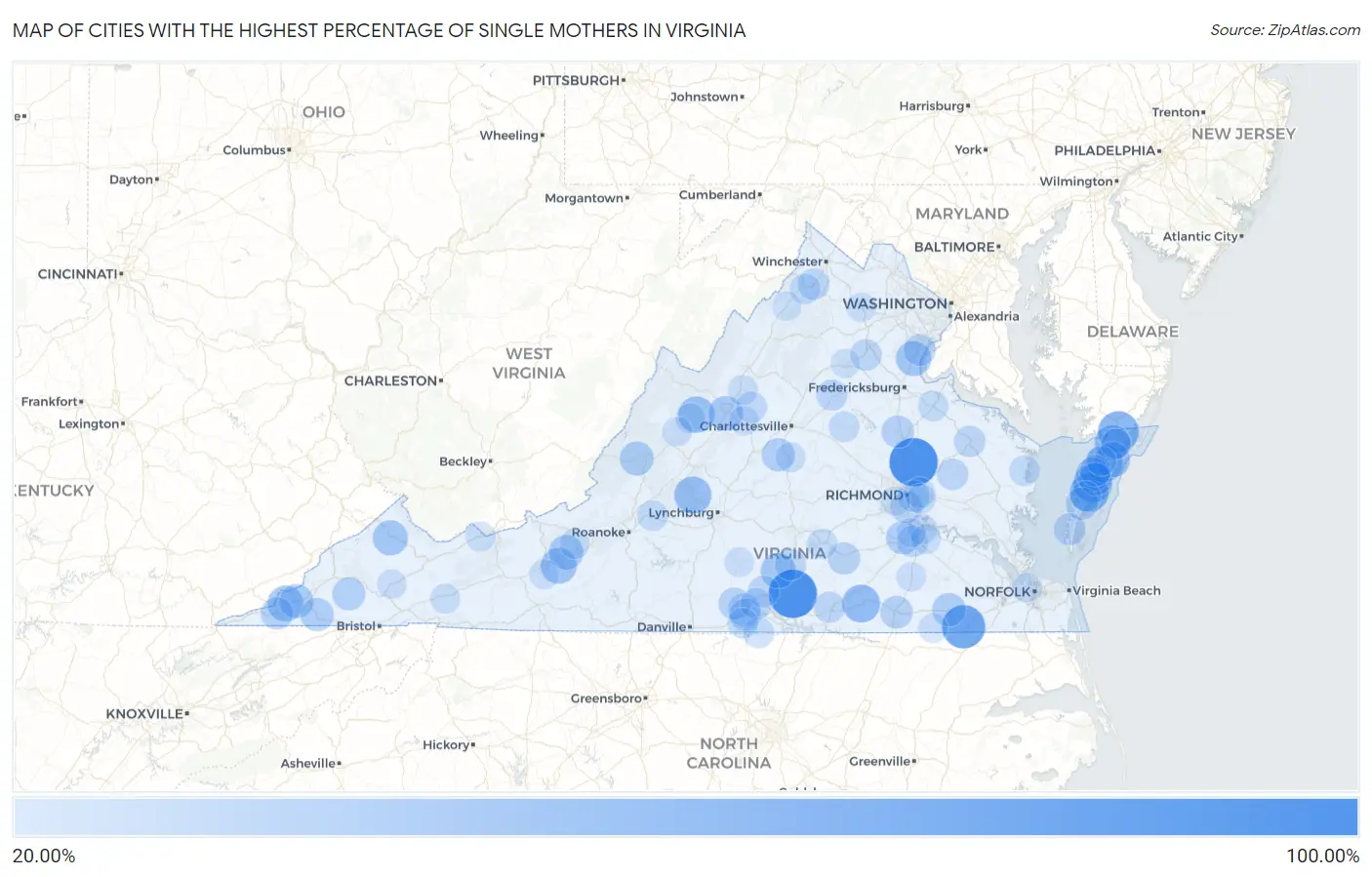 Cities with the Highest Percentage of Single Mothers in Virginia Map