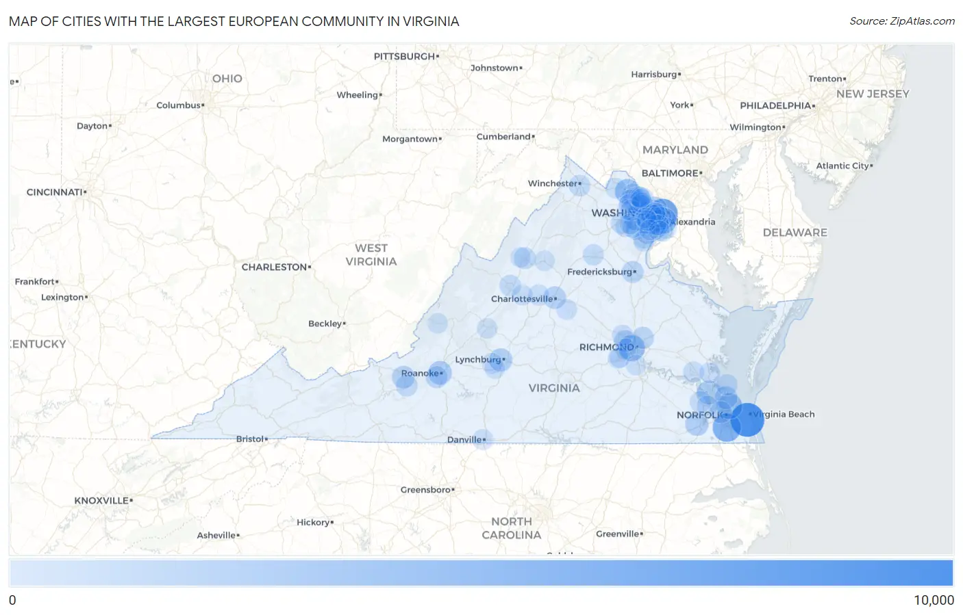 Cities with the Largest European Community in Virginia Map