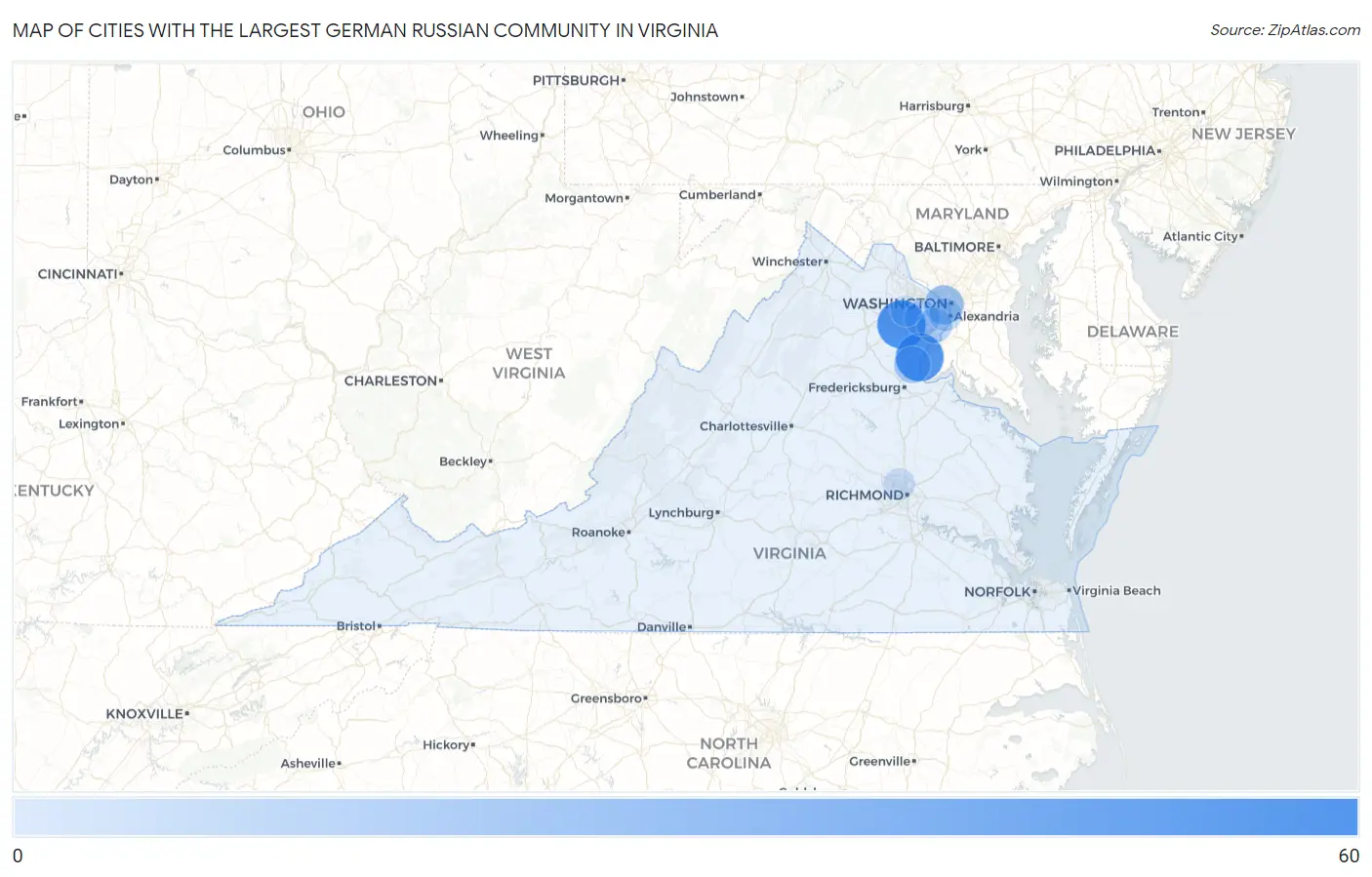 Cities with the Largest German Russian Community in Virginia Map