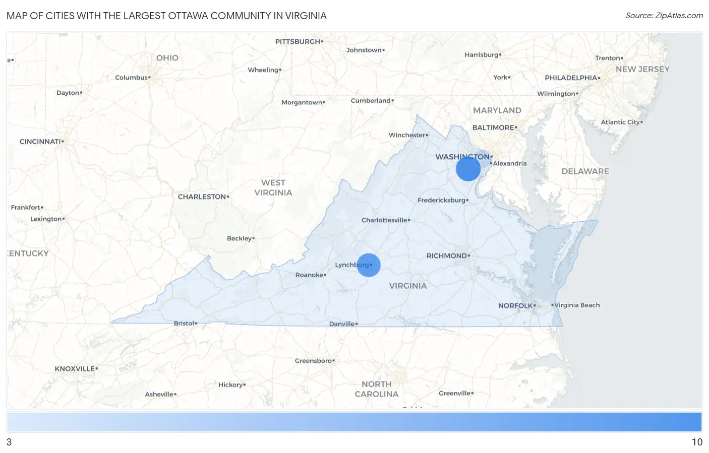 Cities with the Largest Ottawa Community in Virginia Map