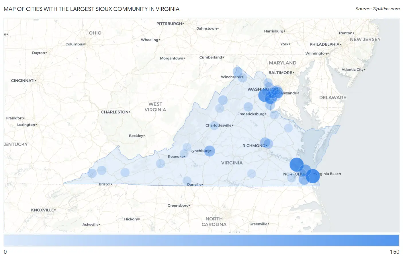 Cities with the Largest Sioux Community in Virginia Map