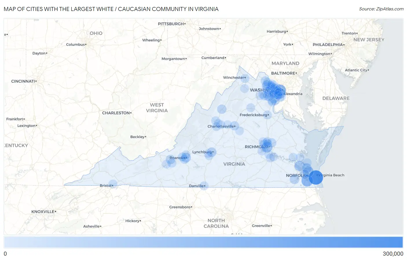 Cities with the Largest White / Caucasian Community in Virginia Map