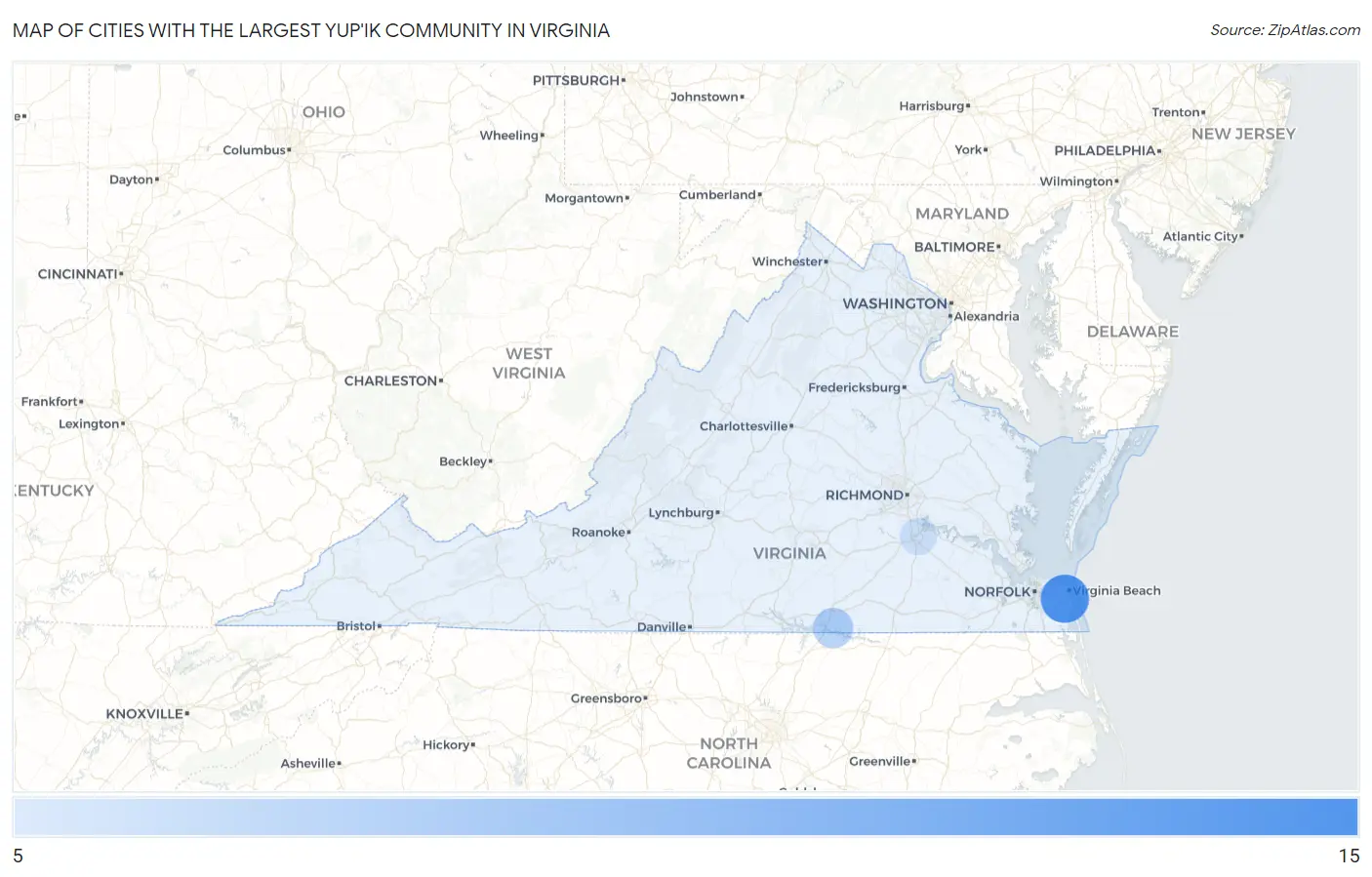 Cities with the Largest Yup'ik Community in Virginia Map