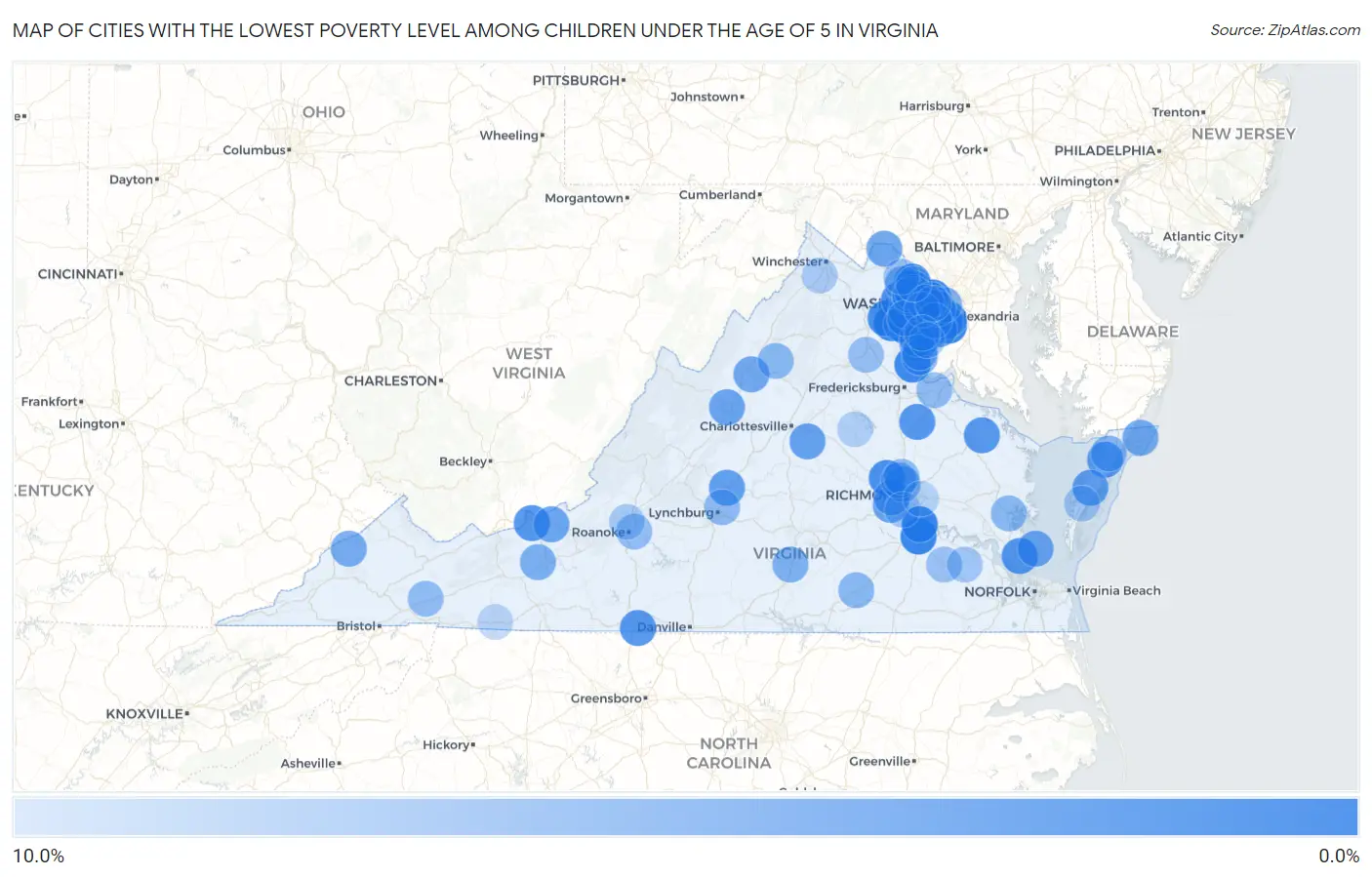 Cities with the Lowest Poverty Level Among Children Under the Age of 5 in Virginia Map