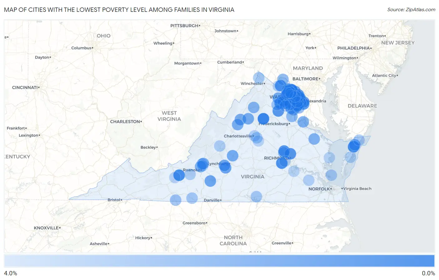Cities with the Lowest Poverty Level Among Families in Virginia Map