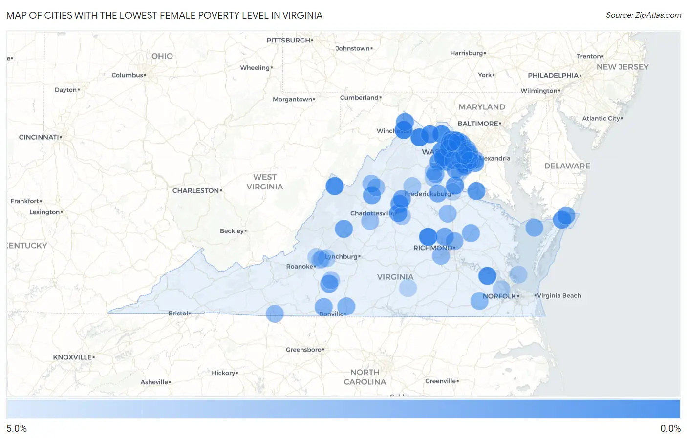 Cities with the Lowest Female Poverty Level in Virginia Map