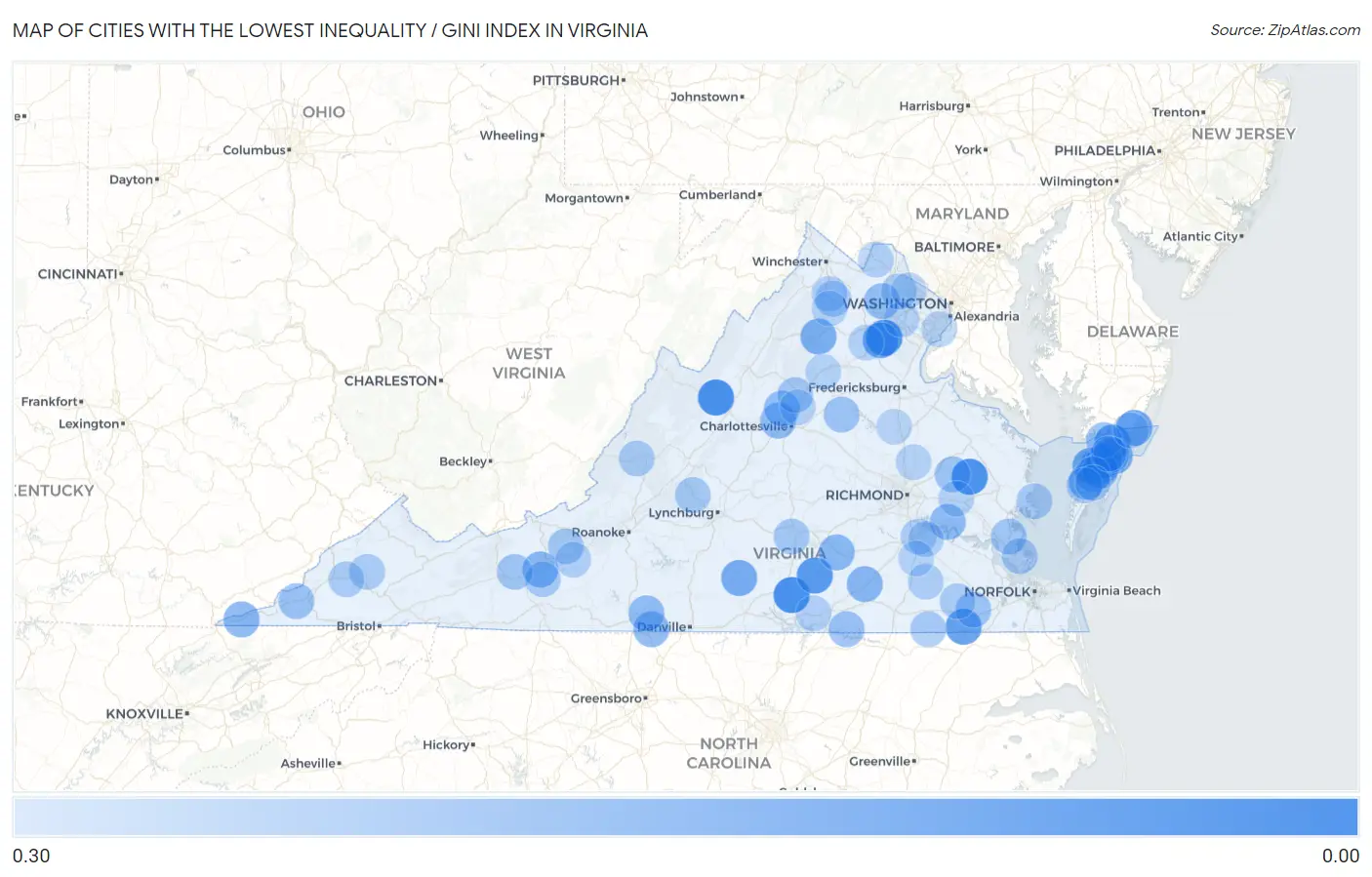 Cities with the Lowest Inequality / Gini Index in Virginia Map