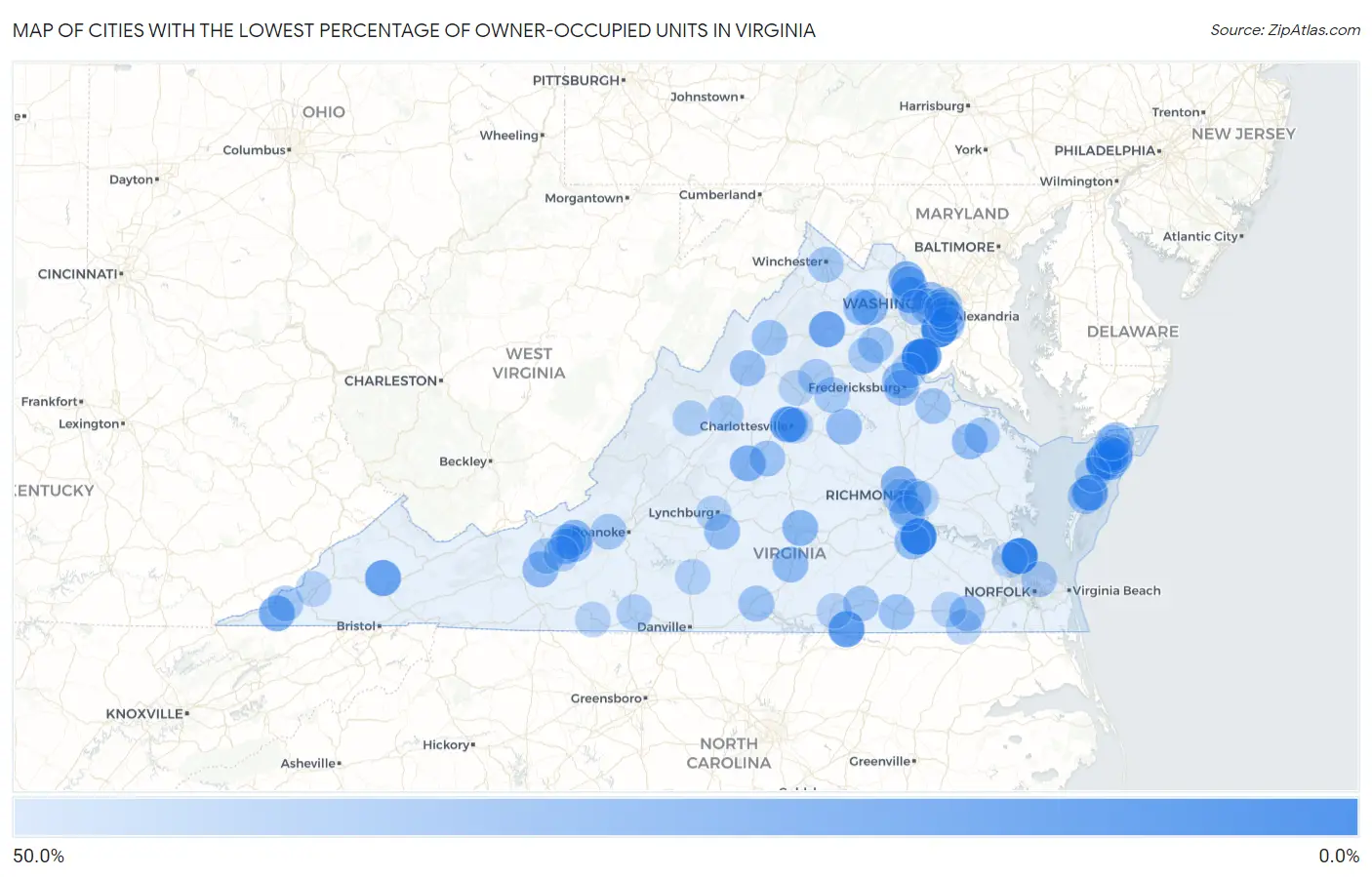 Cities with the Lowest Percentage of Owner-Occupied Units in Virginia Map