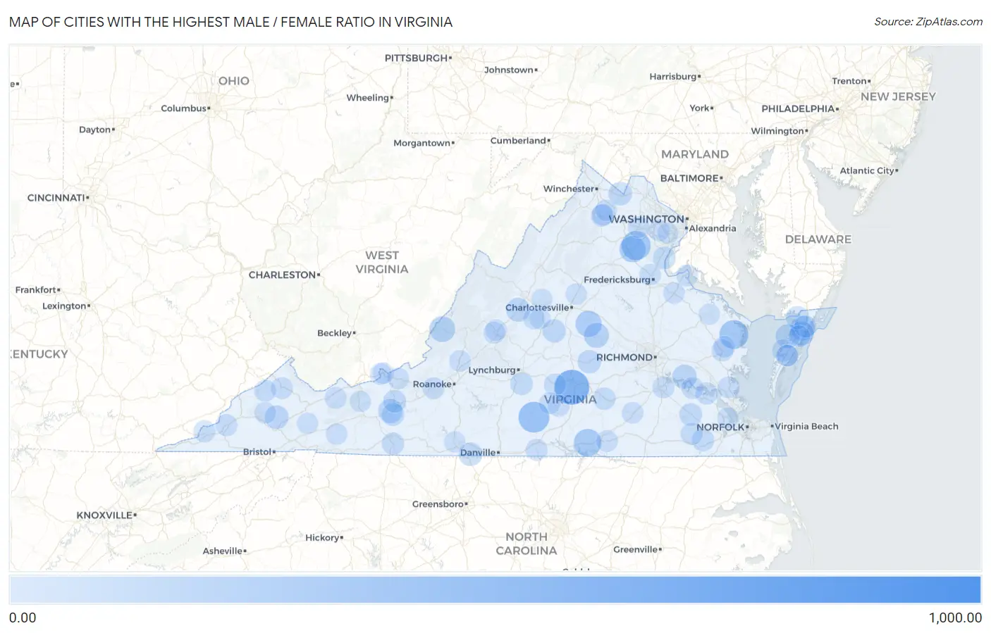 Cities with the Highest Male / Female Ratio in Virginia Map