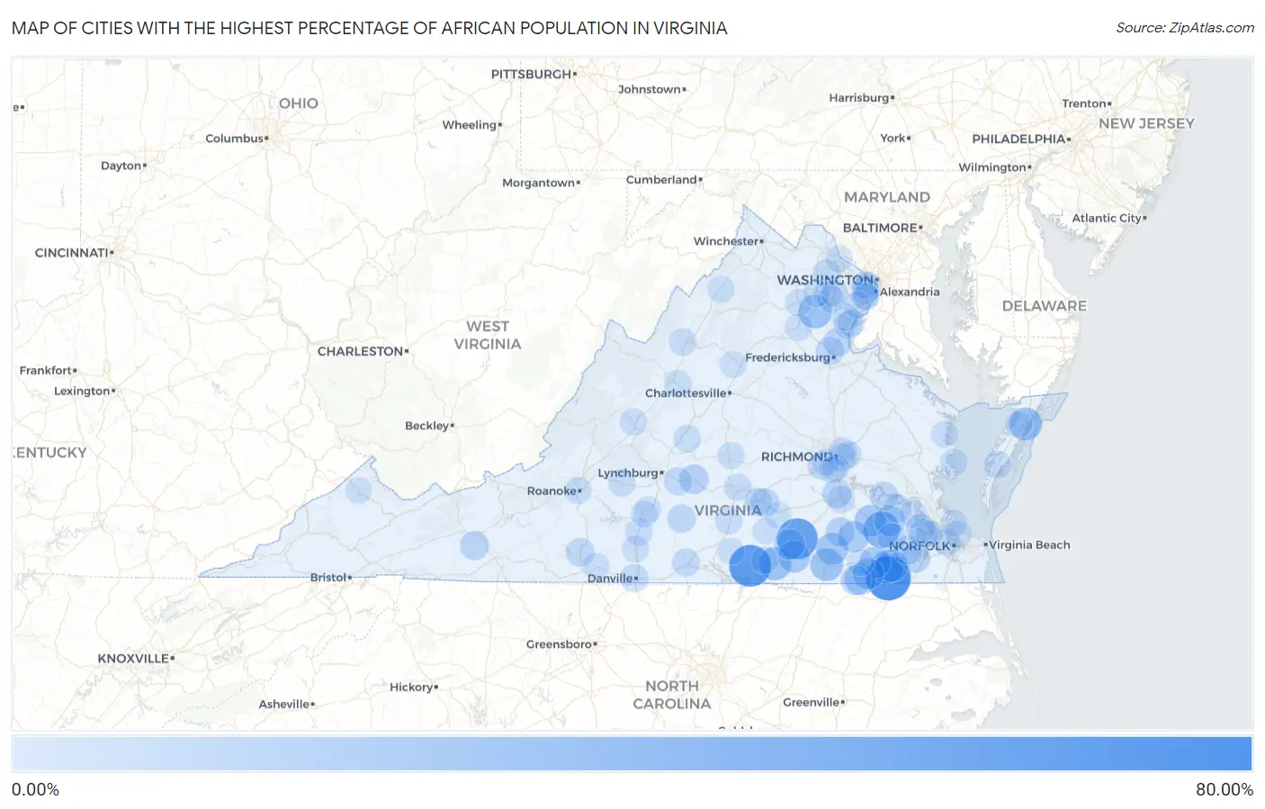 Cities with the Highest Percentage of African Population in Virginia Map