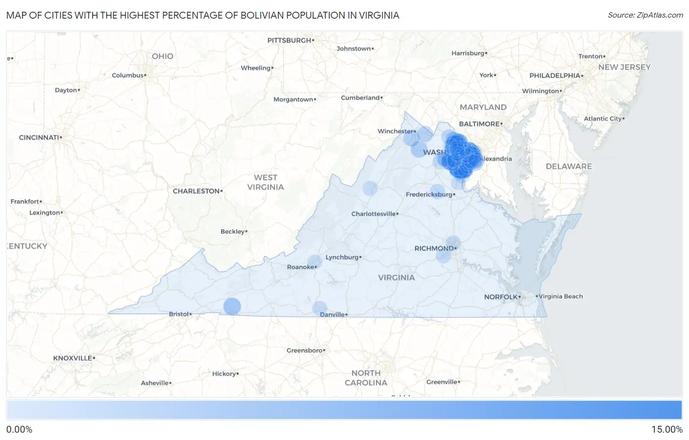 Cities with the Highest Percentage of Bolivian Population in Virginia Map