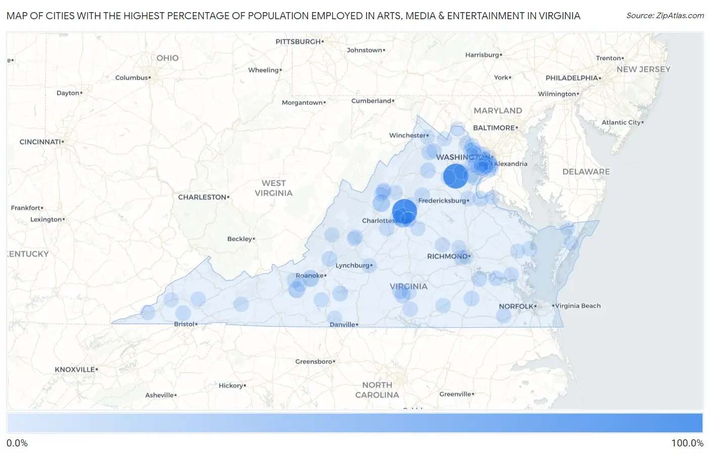 Cities with the Highest Percentage of Population Employed in Arts, Media & Entertainment in Virginia Map