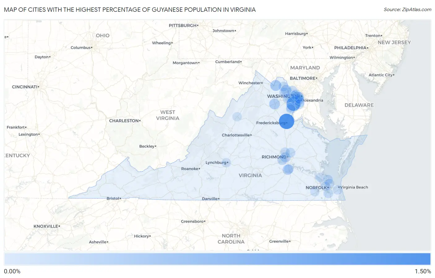 Cities with the Highest Percentage of Guyanese Population in Virginia Map
