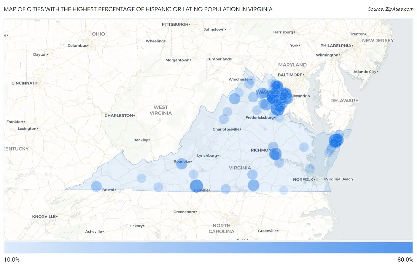 Cities with the Highest Percentage of Hispanic or Latino Population in Virginia Map