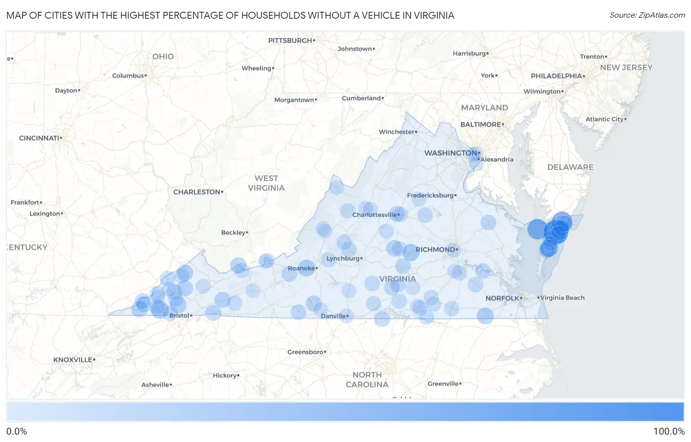 Cities with the Highest Percentage of Households Without a Vehicle in Virginia Map