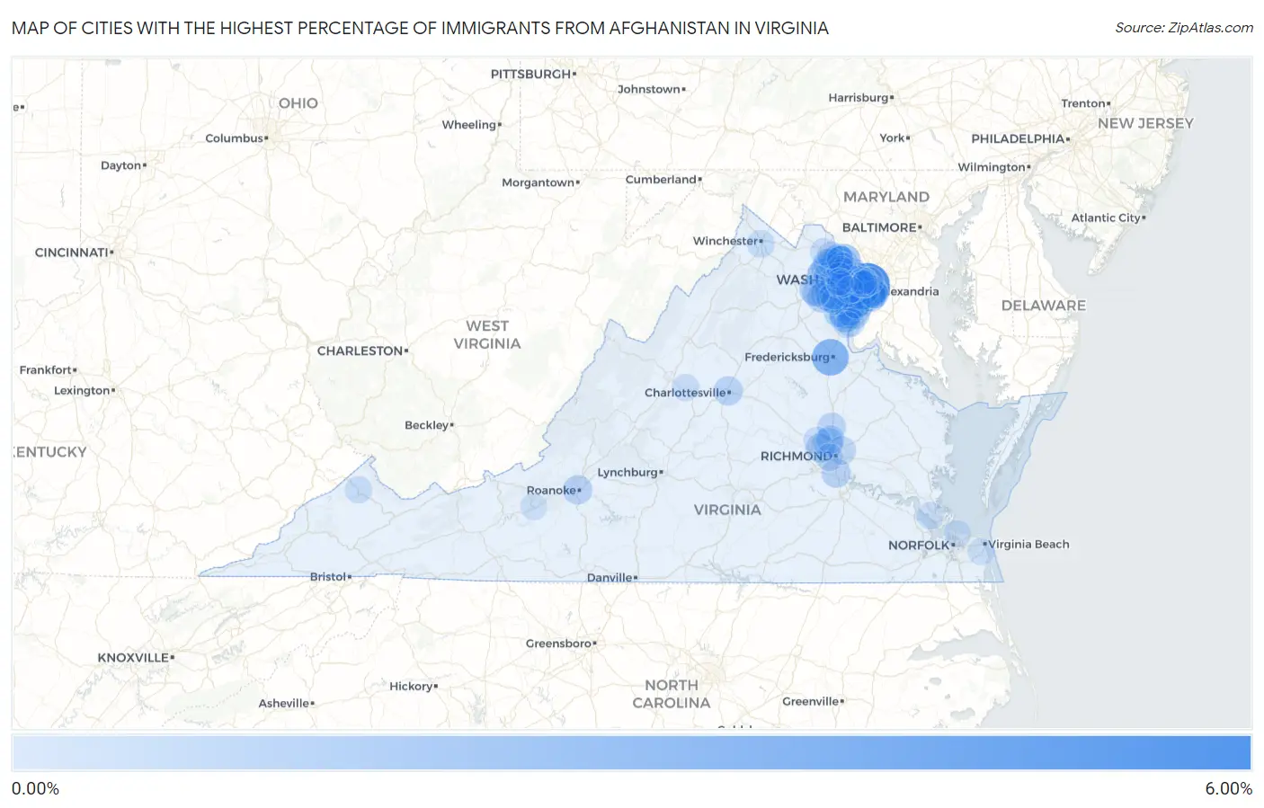Cities with the Highest Percentage of Immigrants from Afghanistan in Virginia Map
