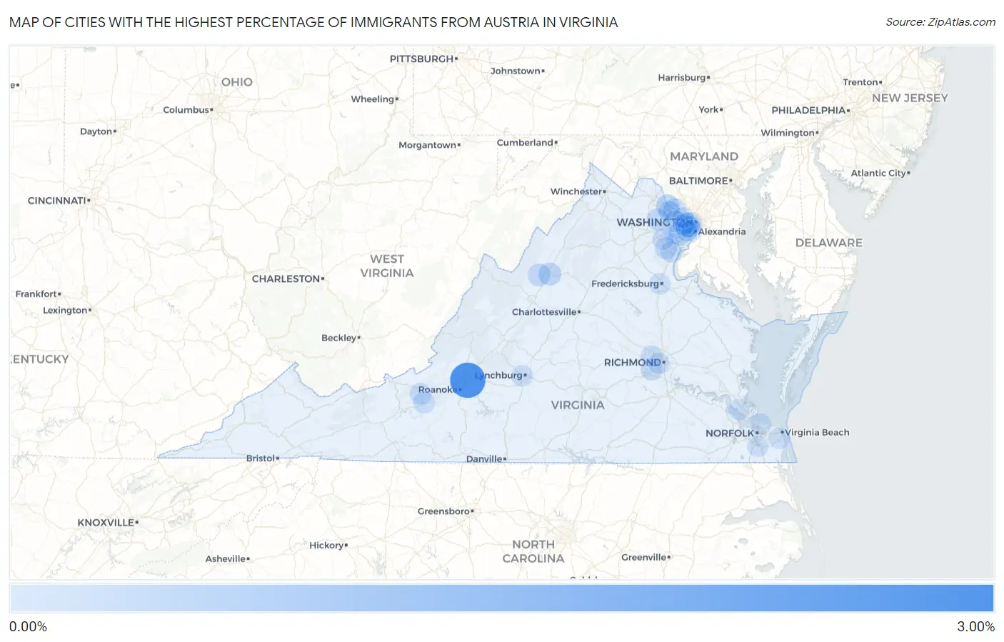Cities with the Highest Percentage of Immigrants from Austria in Virginia Map