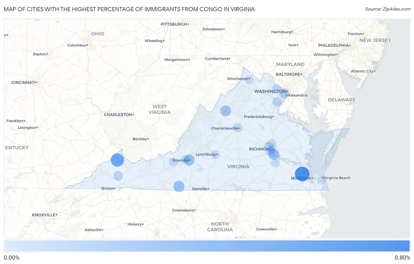 Cities with the Highest Percentage of Immigrants from Congo in Virginia Map