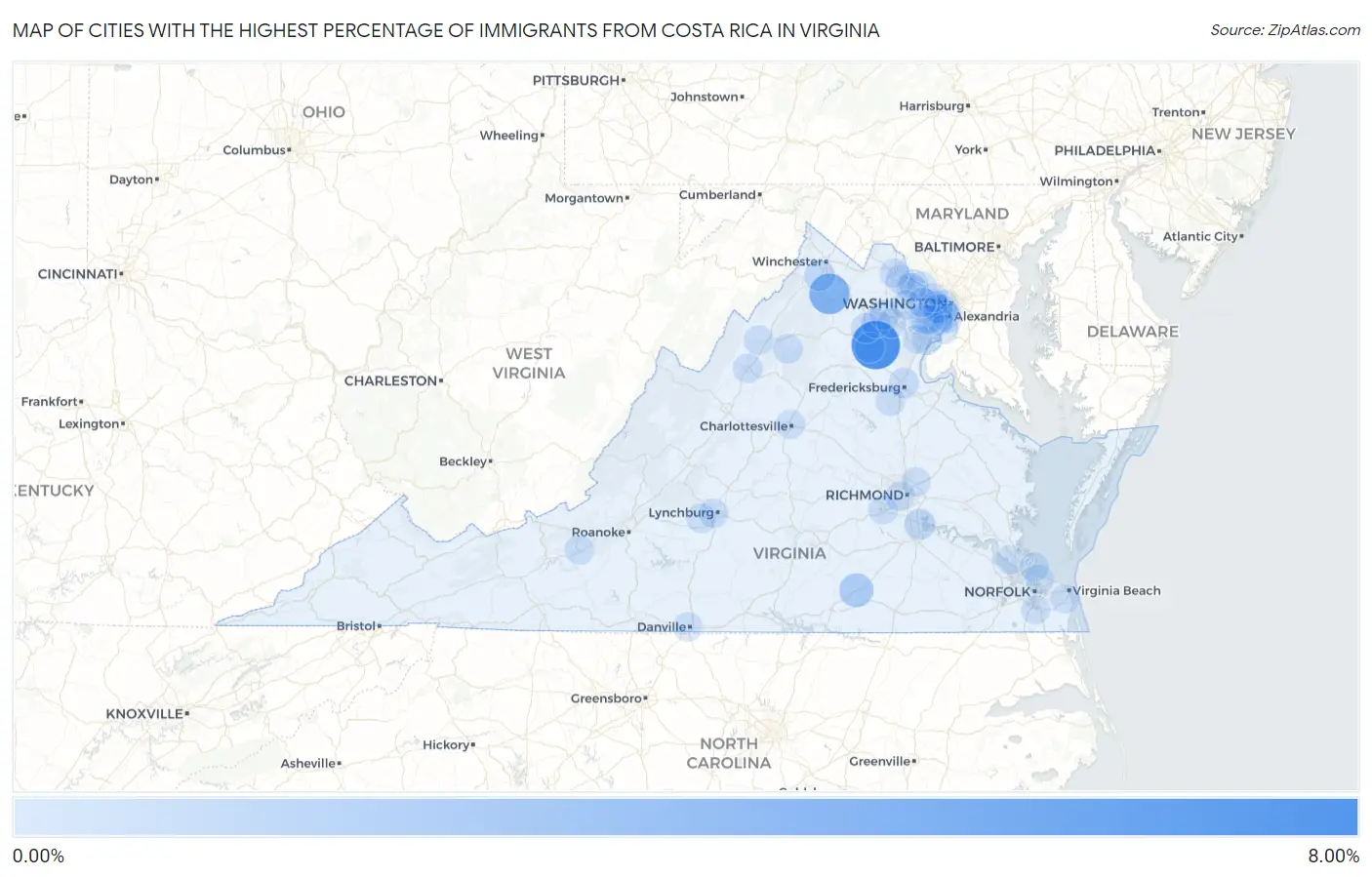 Cities with the Highest Percentage of Immigrants from Costa Rica in Virginia Map