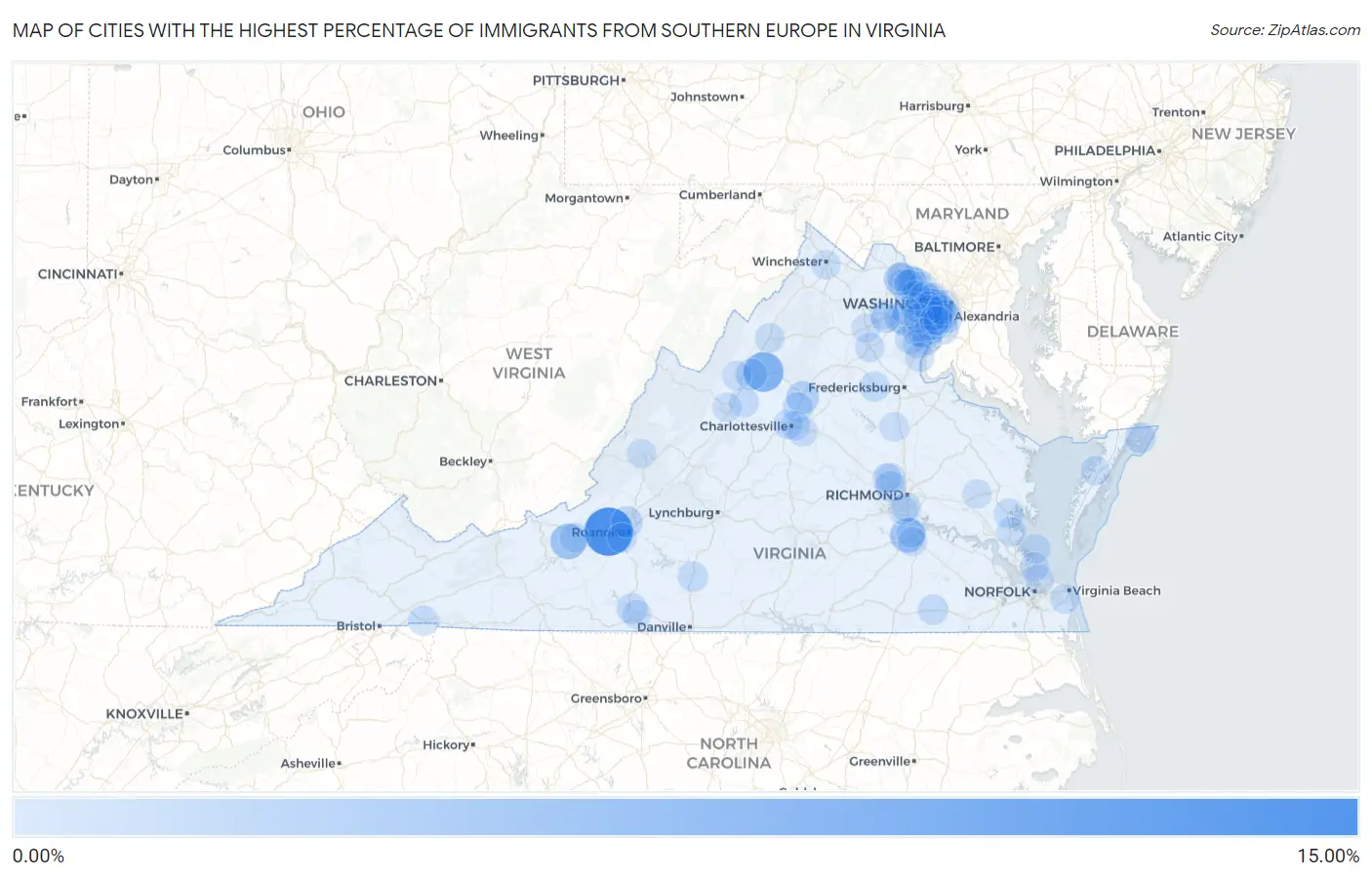 Cities with the Highest Percentage of Immigrants from Southern Europe in Virginia Map