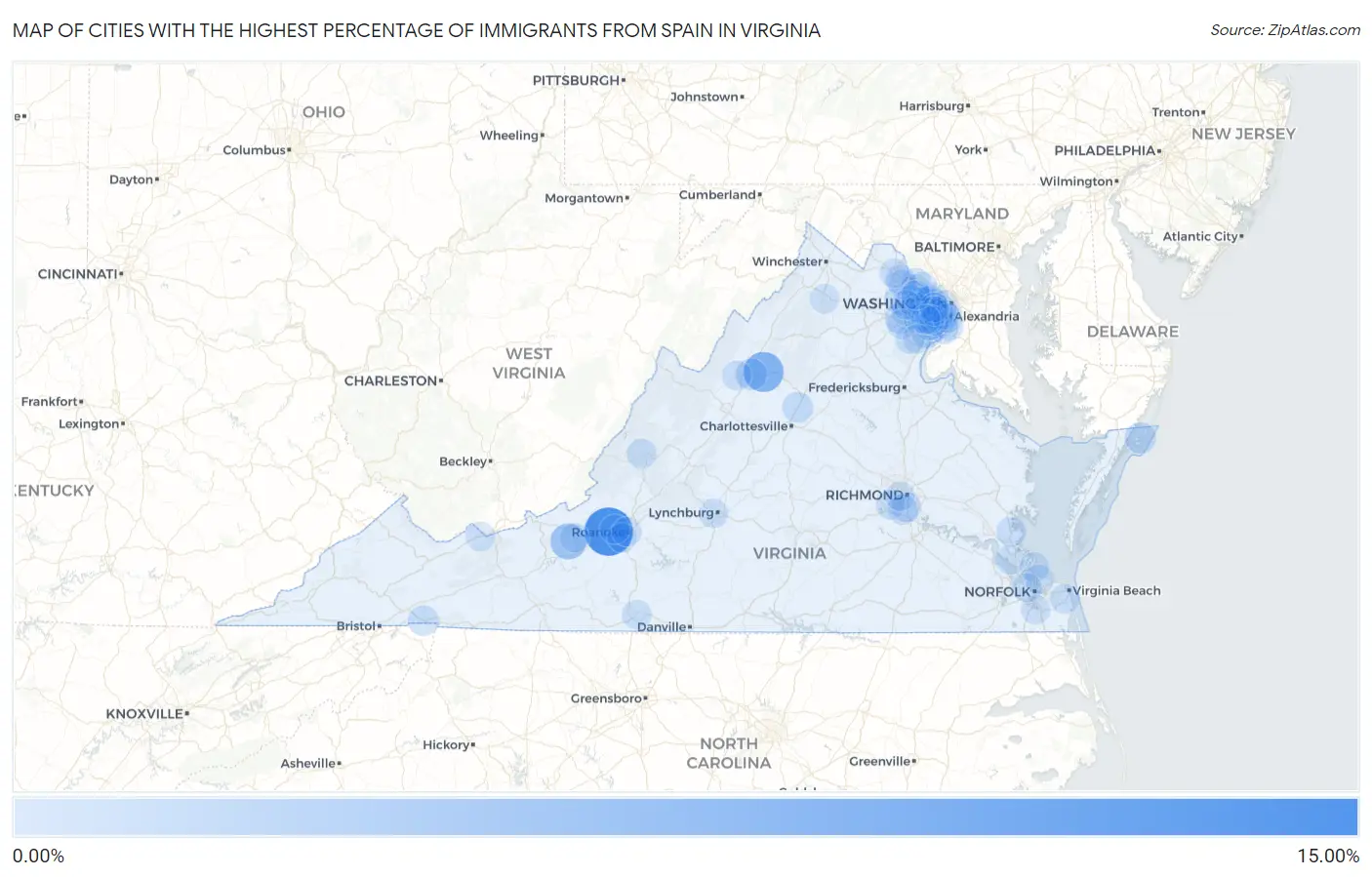 Cities with the Highest Percentage of Immigrants from Spain in Virginia Map