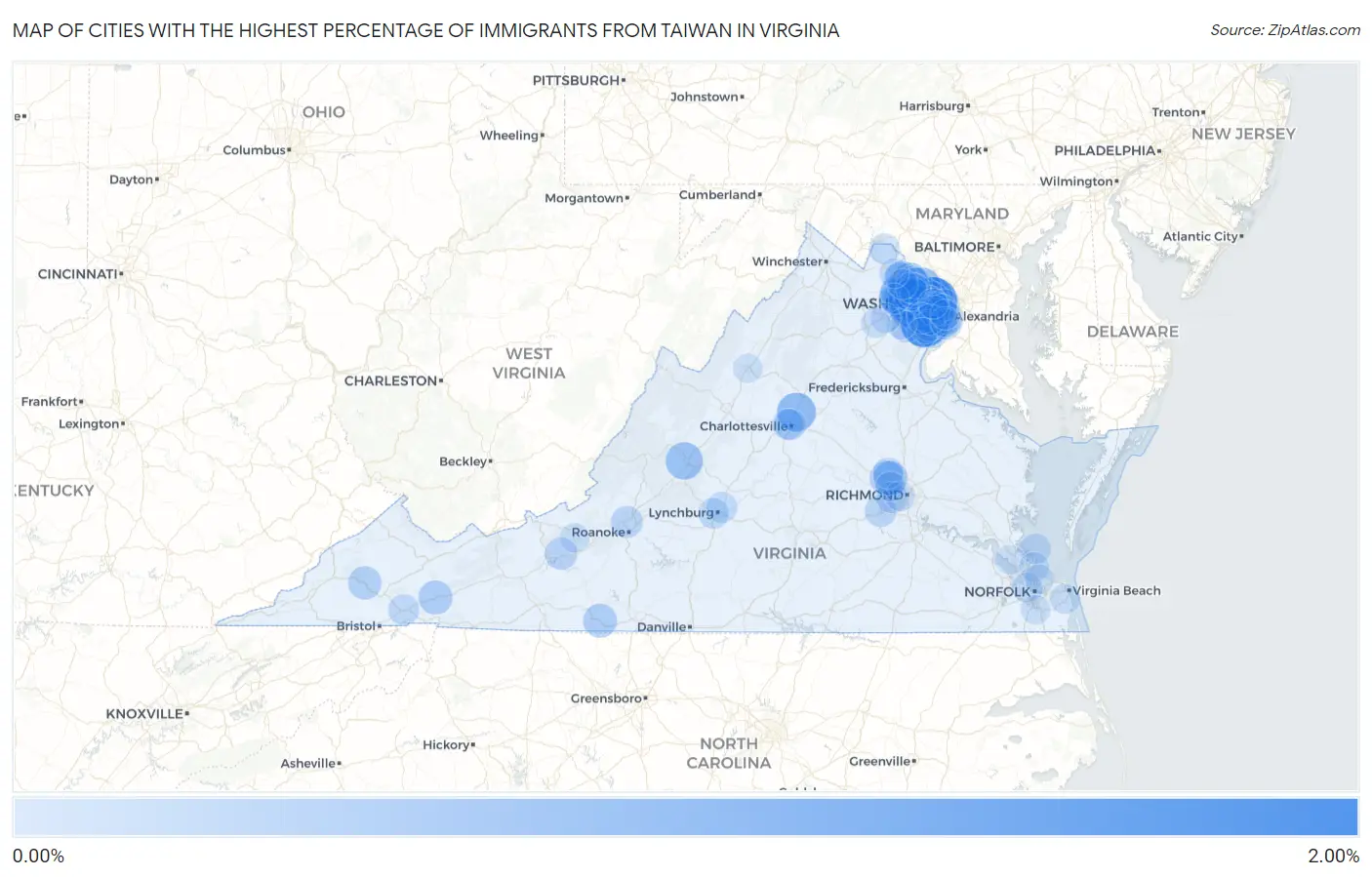 Cities with the Highest Percentage of Immigrants from Taiwan in Virginia Map
