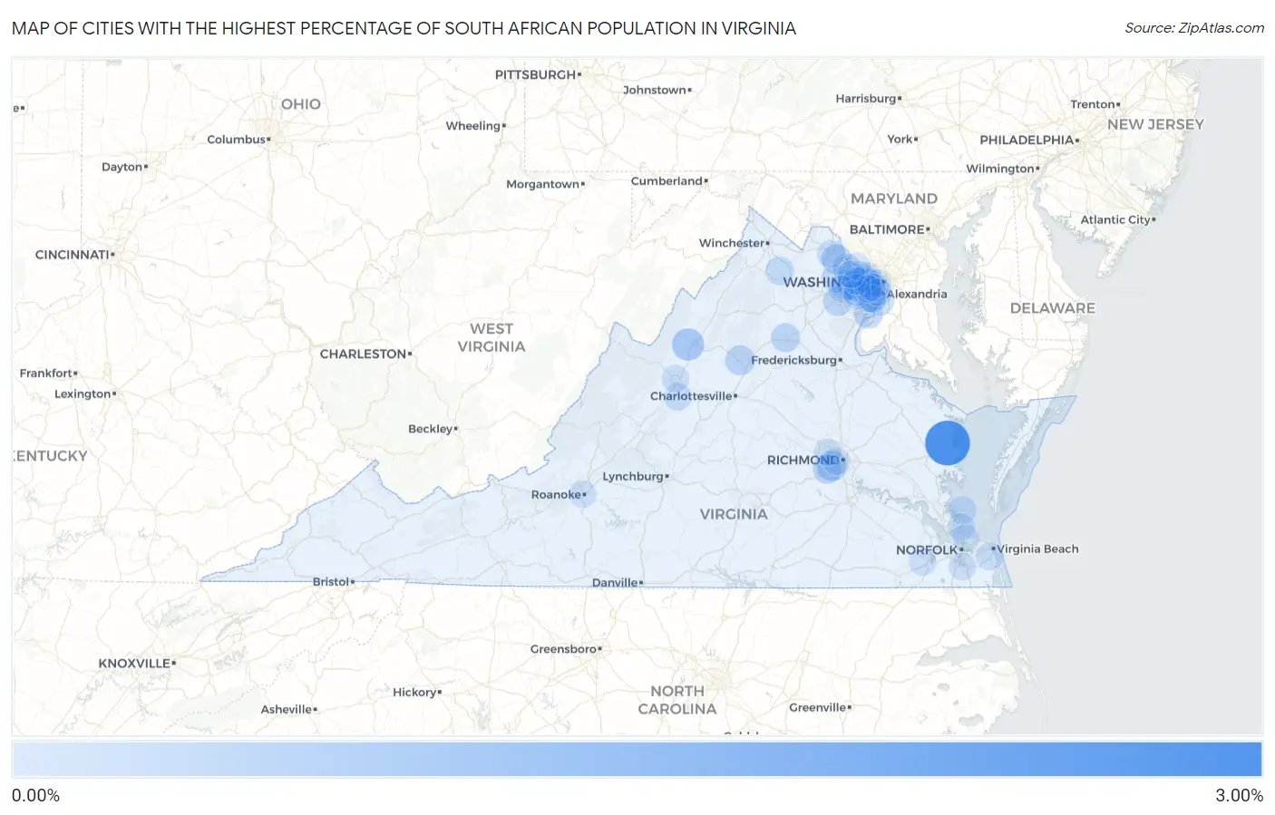 Cities with the Highest Percentage of South African Population in Virginia Map