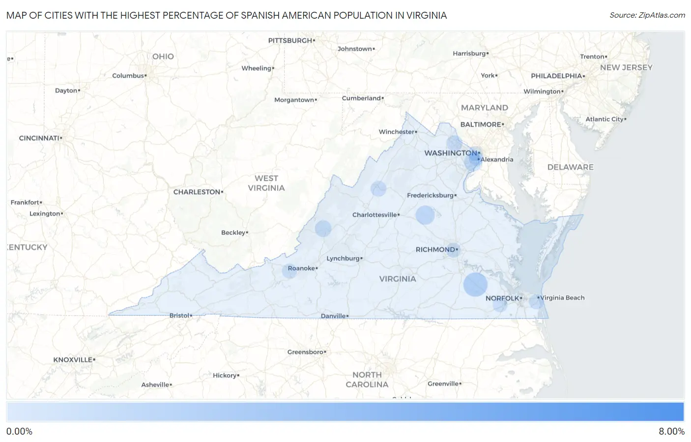 Cities with the Highest Percentage of Spanish American Population in Virginia Map