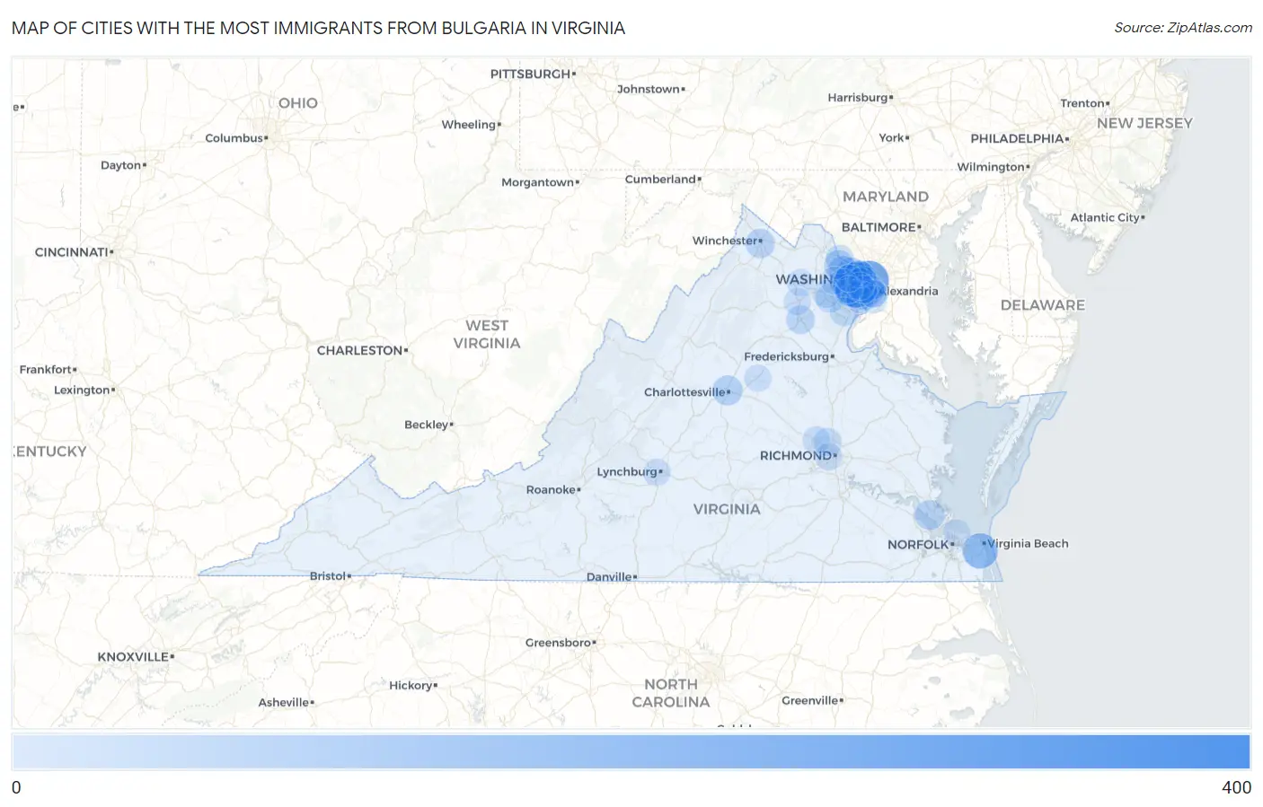 Cities with the Most Immigrants from Bulgaria in Virginia Map