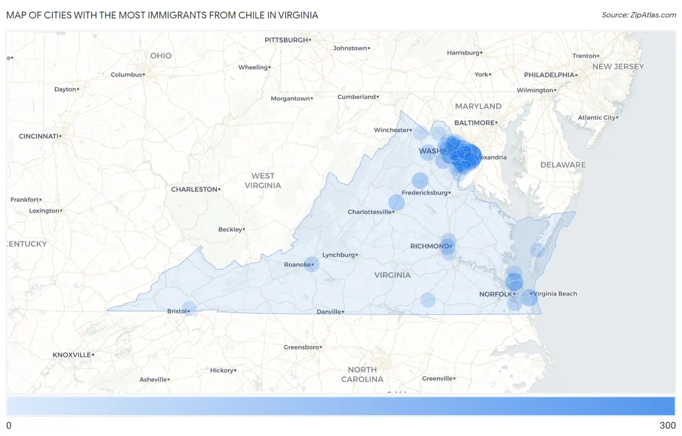 Cities with the Most Immigrants from Chile in Virginia Map