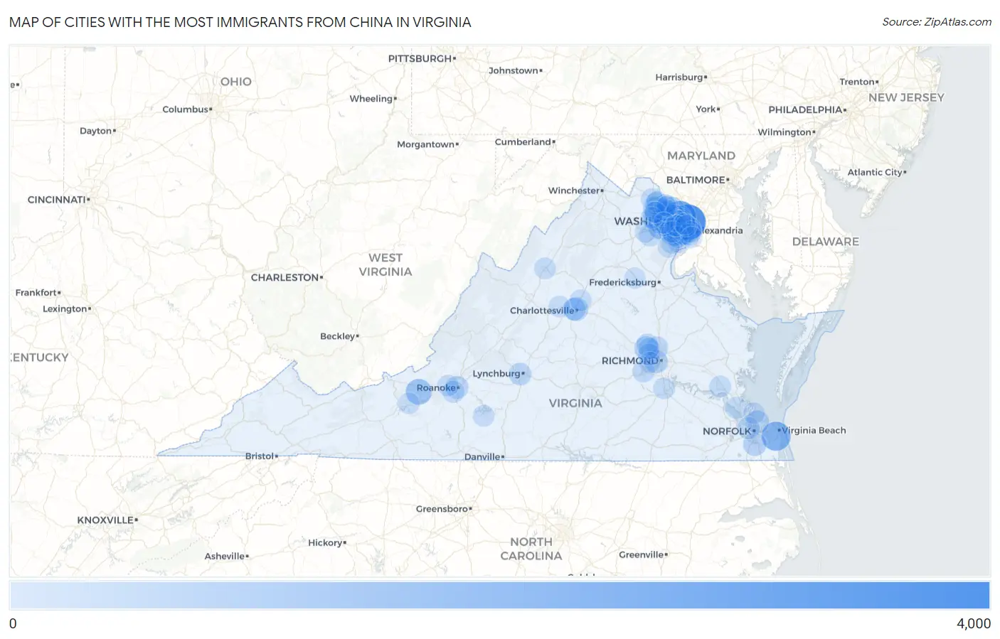 Cities with the Most Immigrants from China in Virginia Map