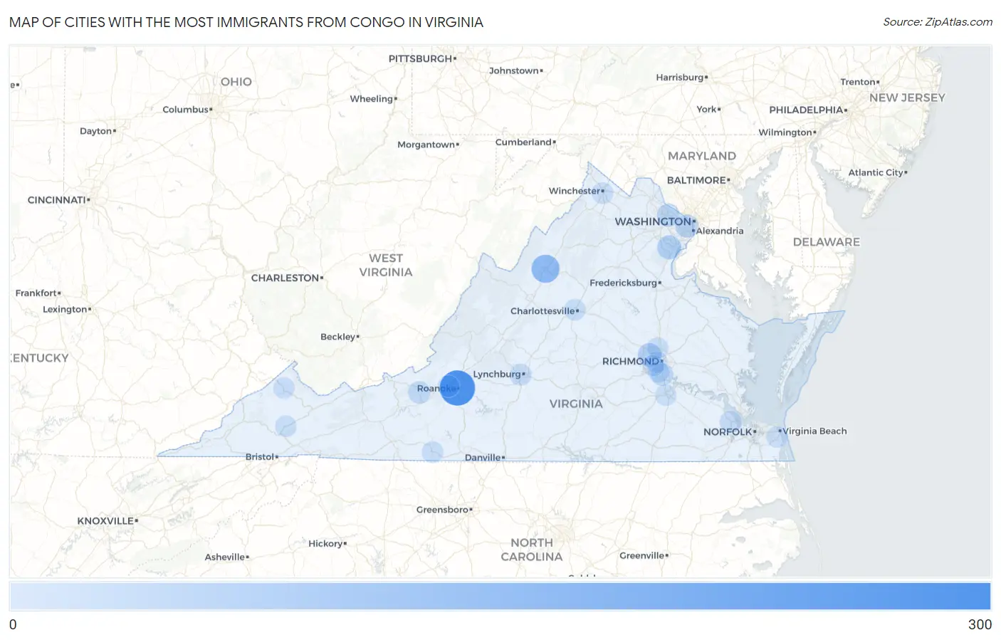 Cities with the Most Immigrants from Congo in Virginia Map