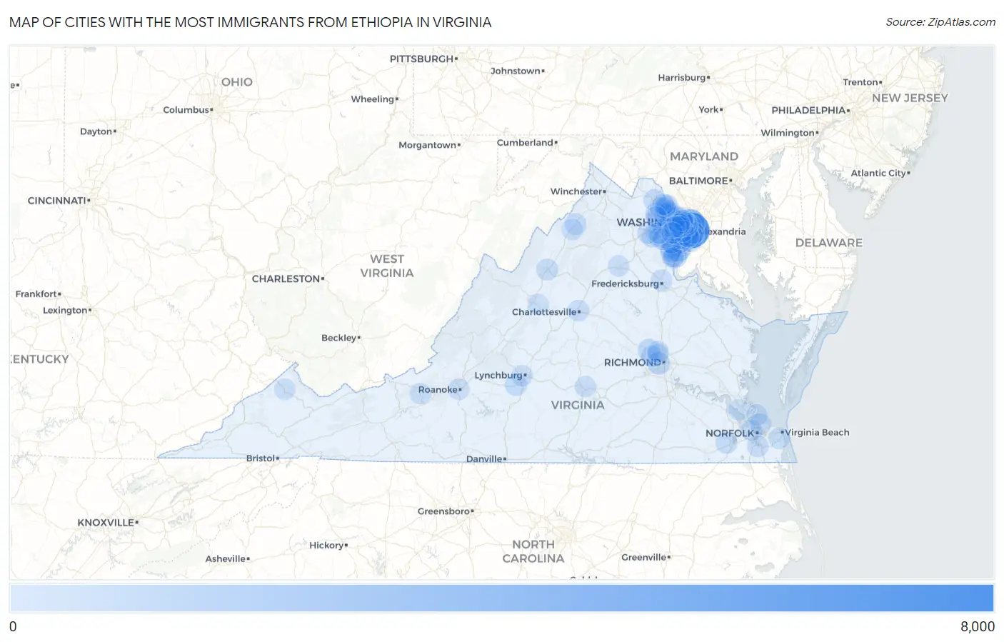 Cities with the Most Immigrants from Ethiopia in Virginia Map
