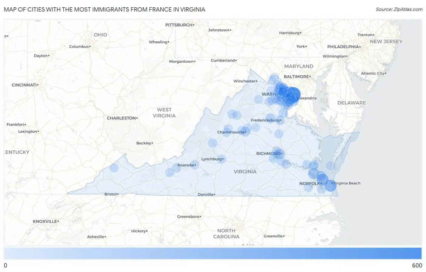 Cities with the Most Immigrants from France in Virginia Map