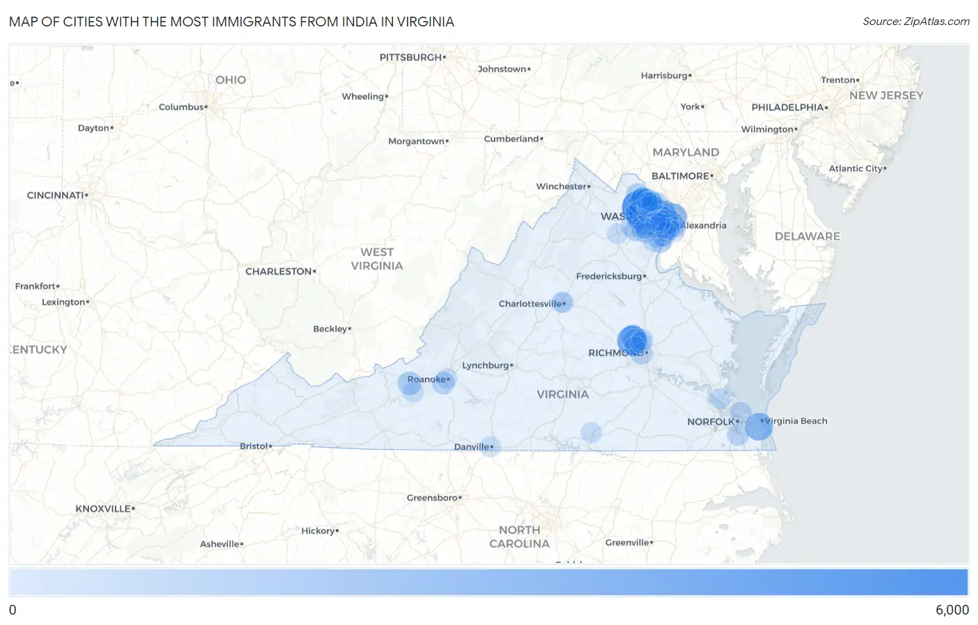Cities with the Most Immigrants from India in Virginia Map