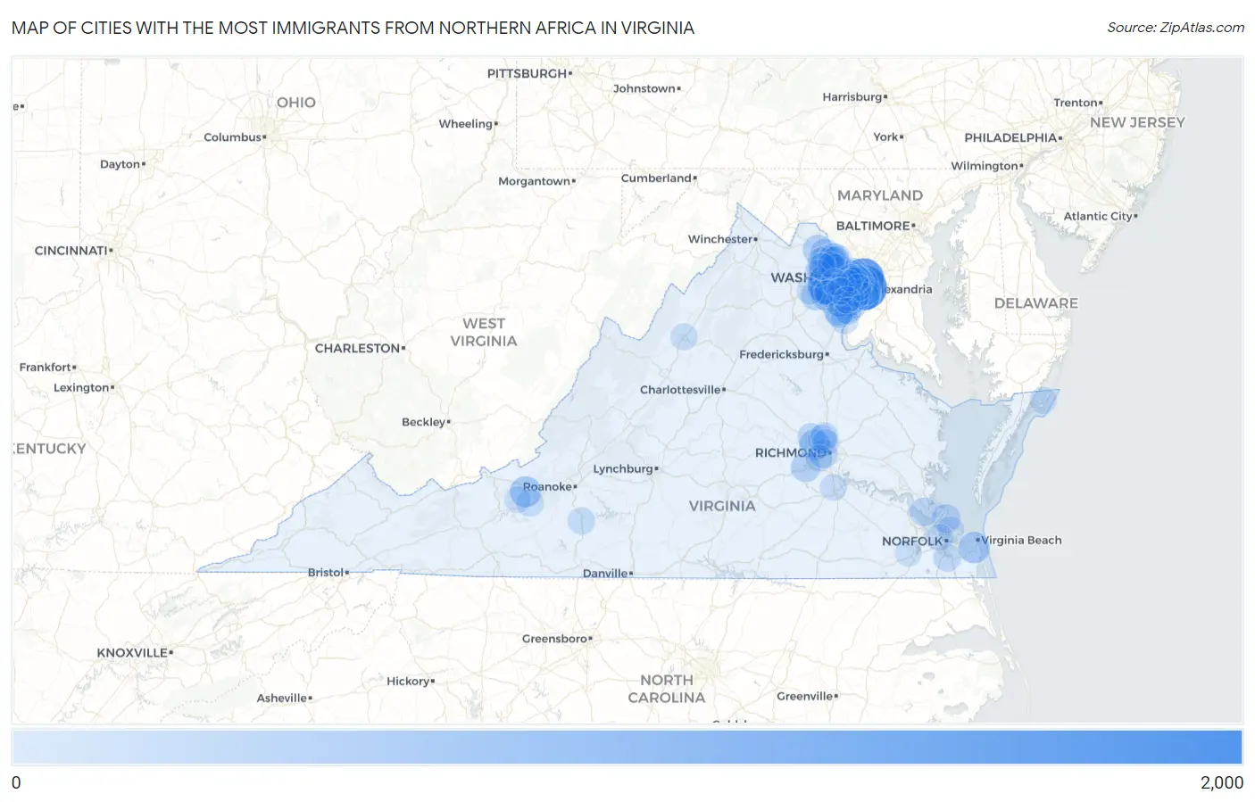 Cities with the Most Immigrants from Northern Africa in Virginia Map