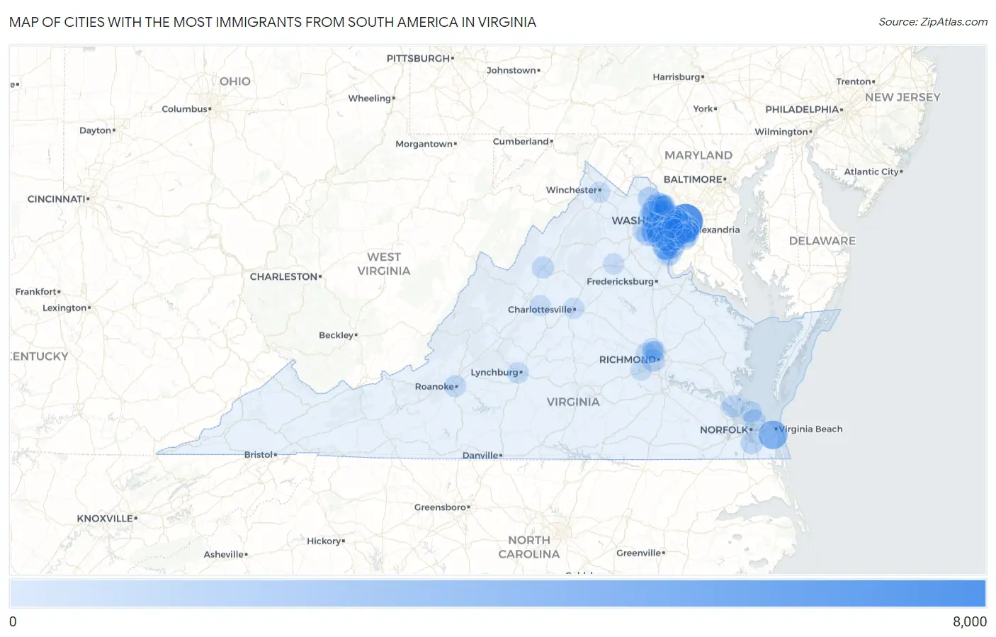 Cities with the Most Immigrants from South America in Virginia Map