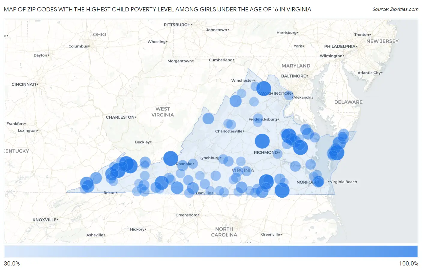 Zip Codes with the Highest Child Poverty Level Among Girls Under the Age of 16 in Virginia Map