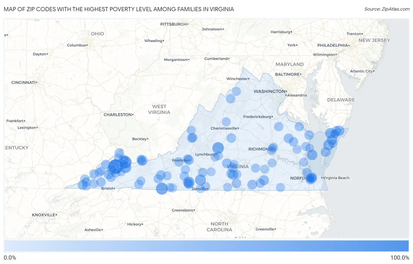 Zip Codes with the Highest Poverty Level Among Families in Virginia Map