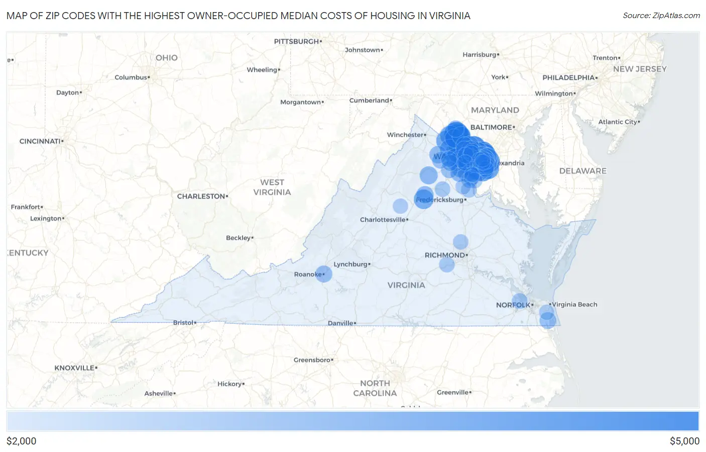 Zip Codes with the Highest Owner-Occupied Median Costs of Housing in Virginia Map