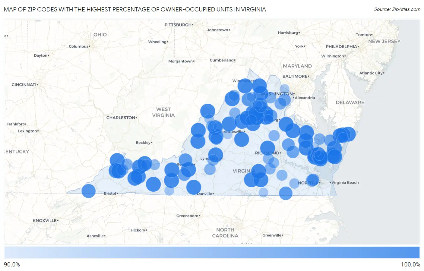 Zip Codes with the Highest Percentage of Owner-Occupied Units in Virginia Map