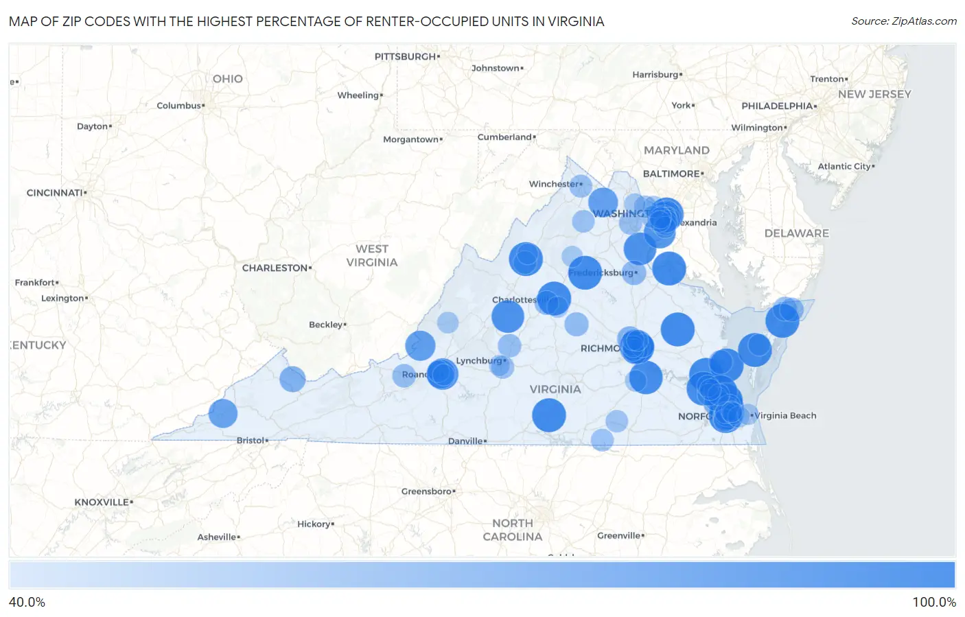 Zip Codes with the Highest Percentage of Renter-Occupied Units in Virginia Map