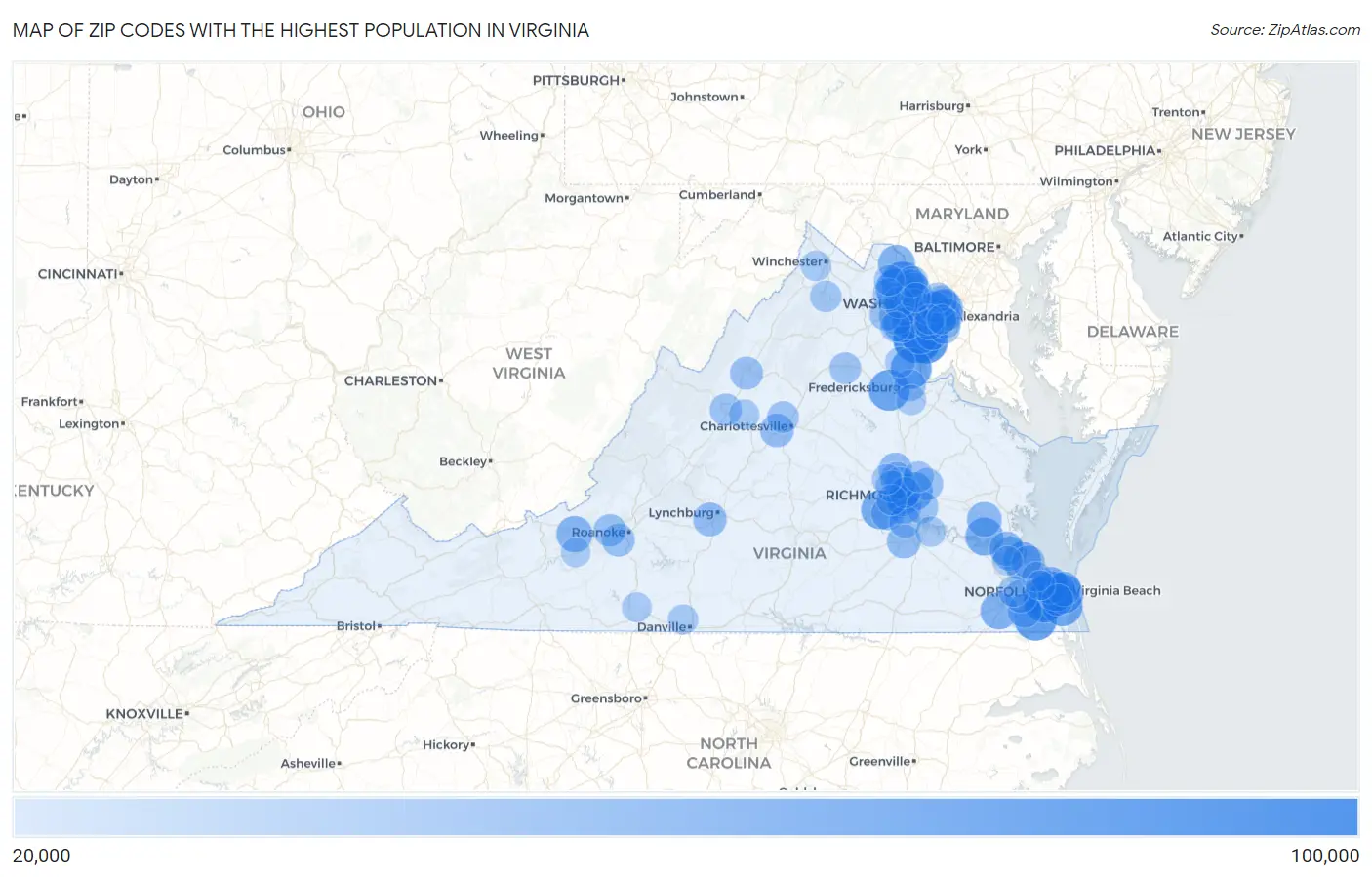 Zip Codes with the Highest Population in Virginia Map