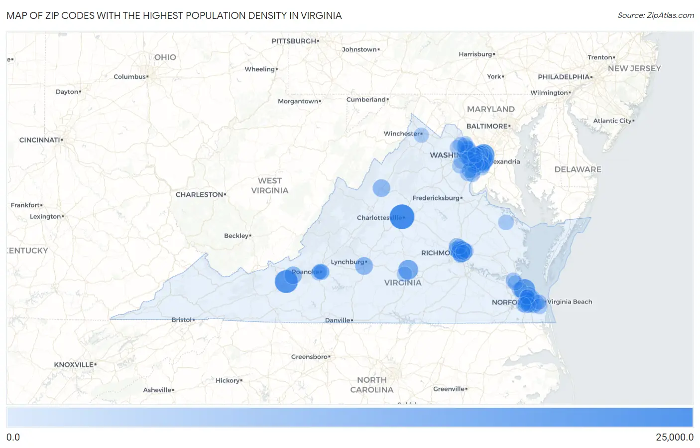Zip Codes with the Highest Population Density in Virginia Map