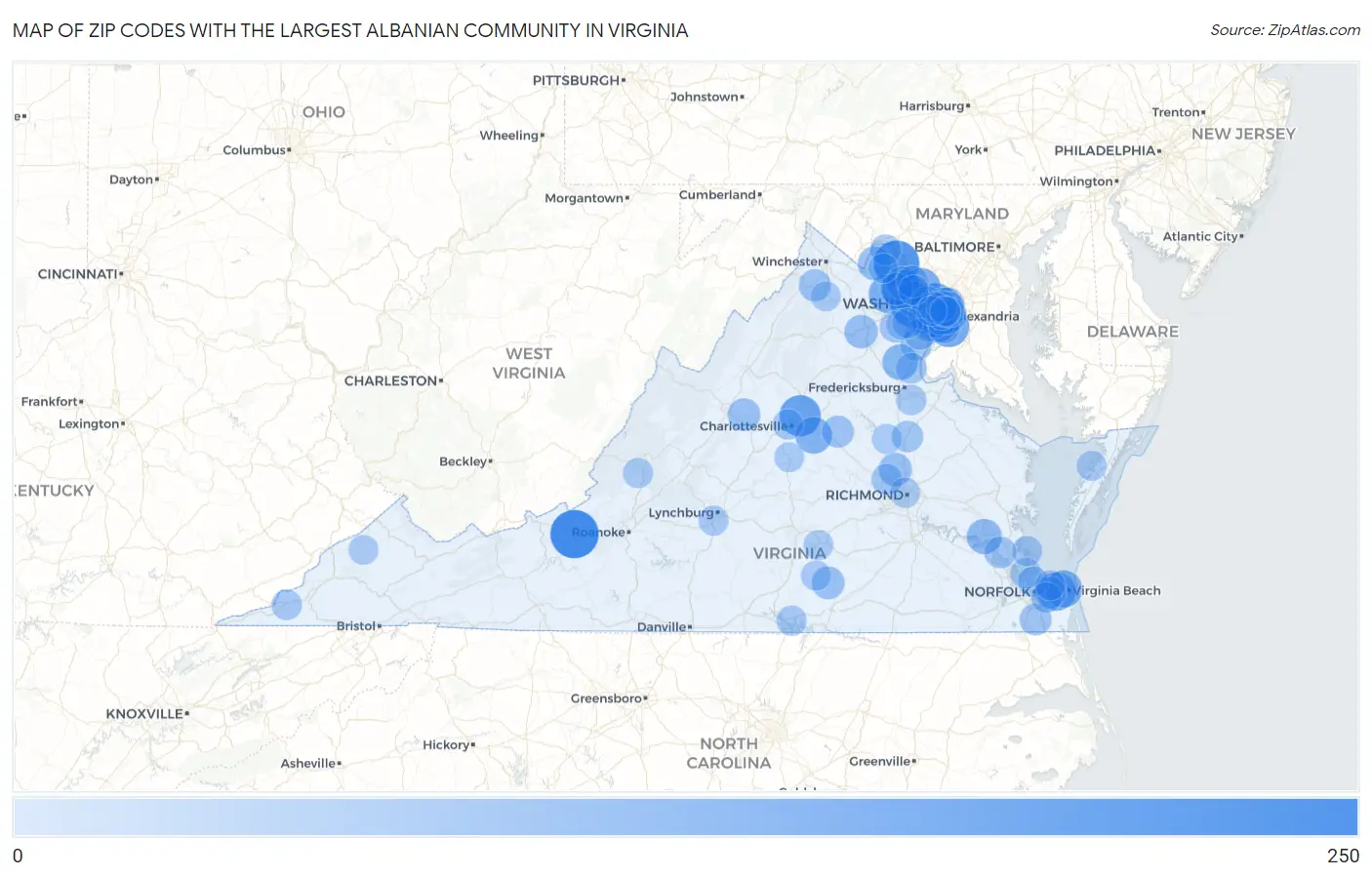 Zip Codes with the Largest Albanian Community in Virginia Map