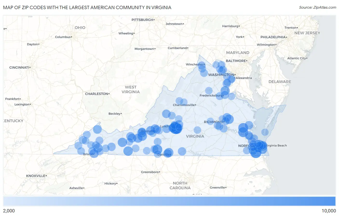 Zip Codes with the Largest American Community in Virginia Map