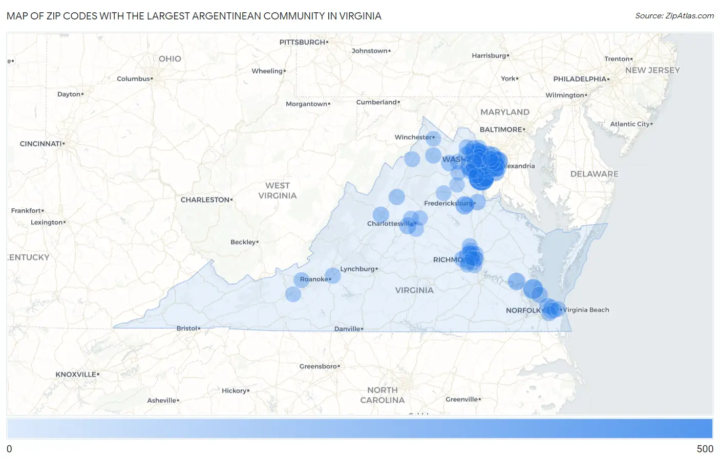 Zip Codes with the Largest Argentinean Community in Virginia Map