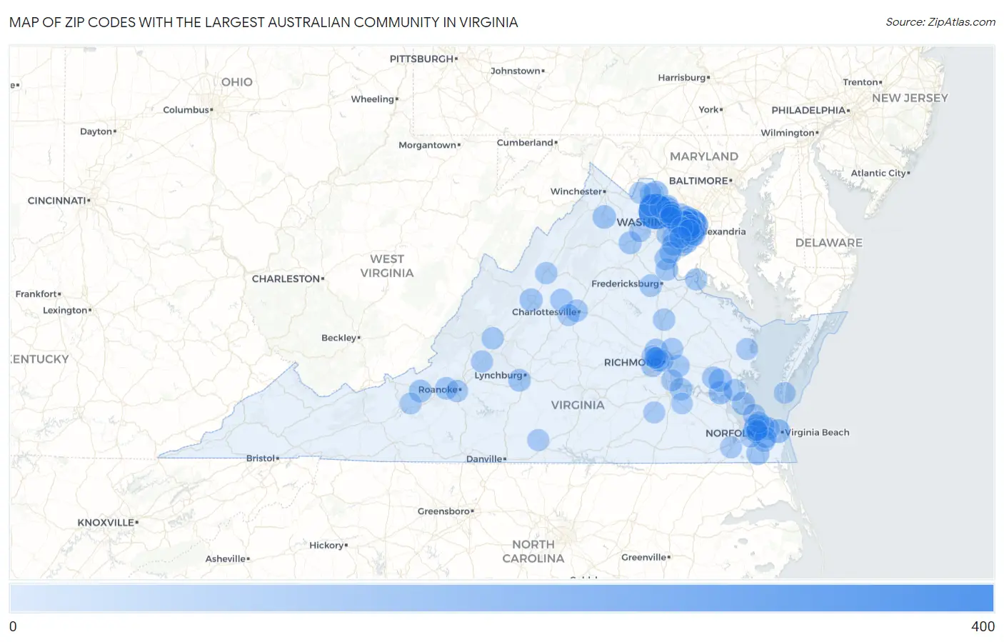 Zip Codes with the Largest Australian Community in Virginia Map