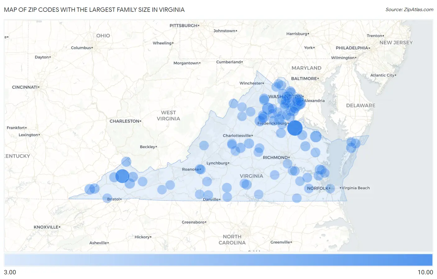 Zip Codes with the Largest Family Size in Virginia Map
