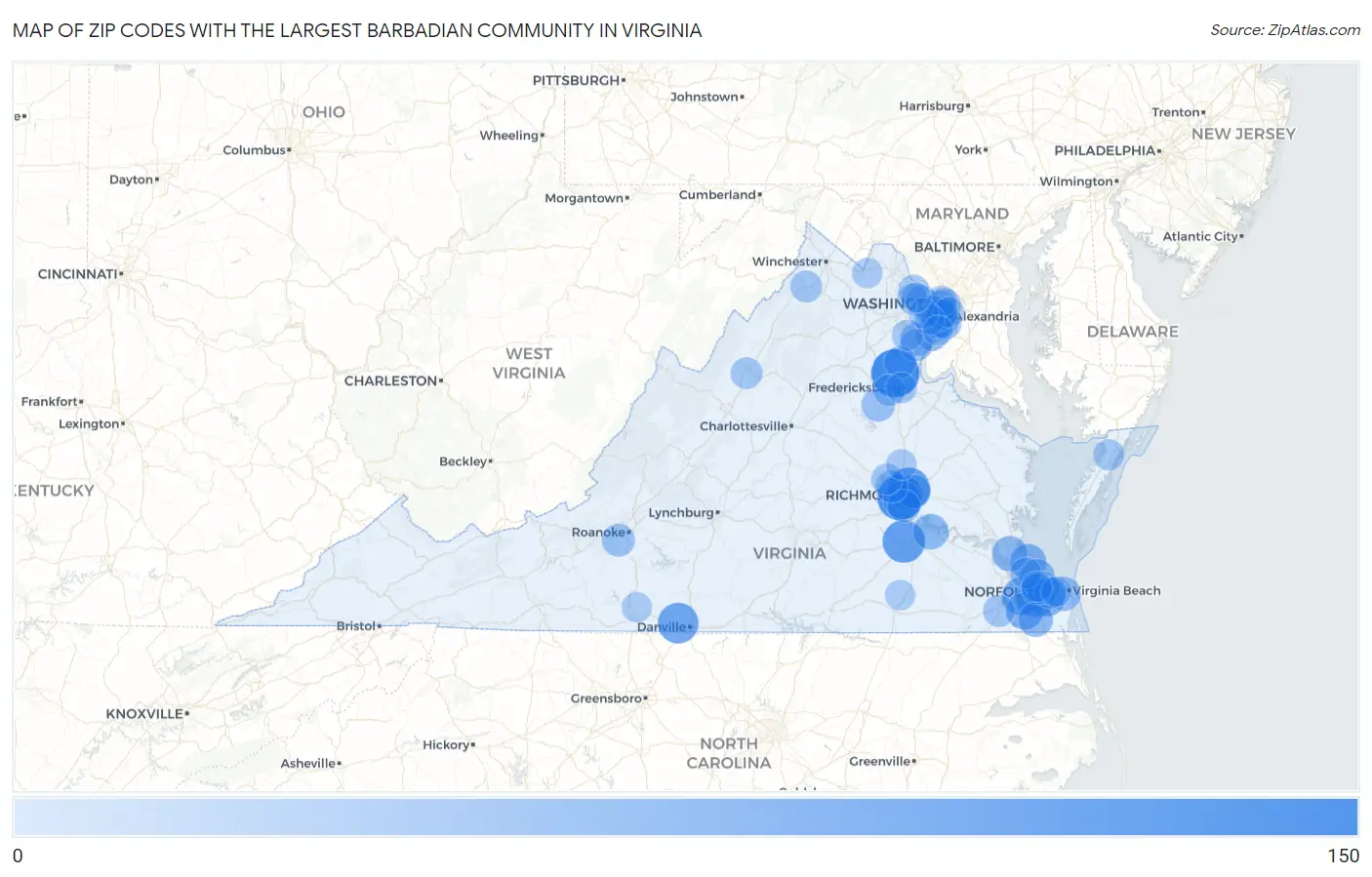 Zip Codes with the Largest Barbadian Community in Virginia Map
